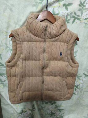Polo Ralph Lauren Tan Cable Knit Down Puffer Vest Sleeveless Zip Gilet